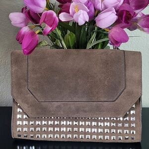 BCBG SUADE LEATHER  MAX AZRIA Brown  Stainless Square Studded! Clutch/Crossbody!